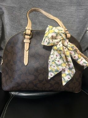 Coach Brown and Tan Signature Dome Satchel with Floral Scarf Accent